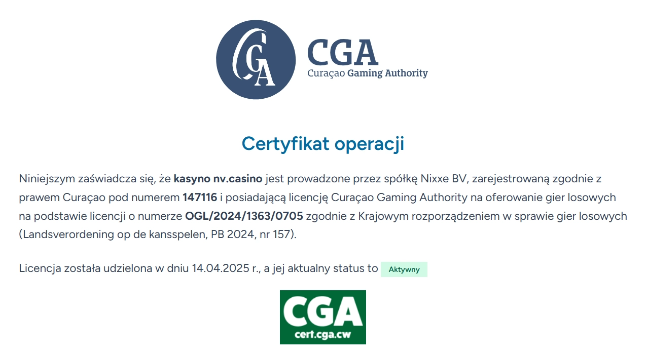 Warunki i certyfikat operatora NV Casino