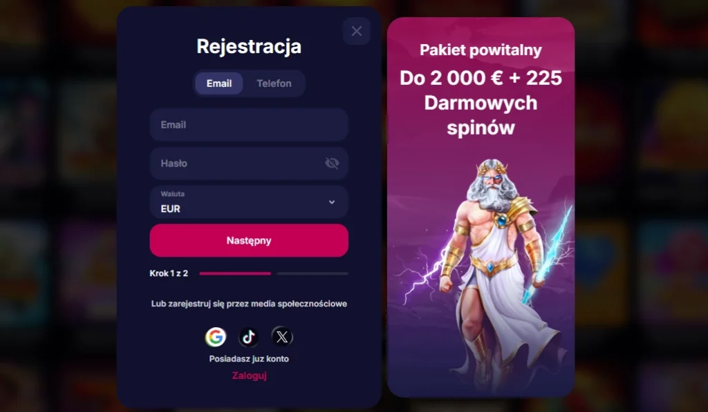 Formularz rejestracyjny NV Casino bez danych użytkownika