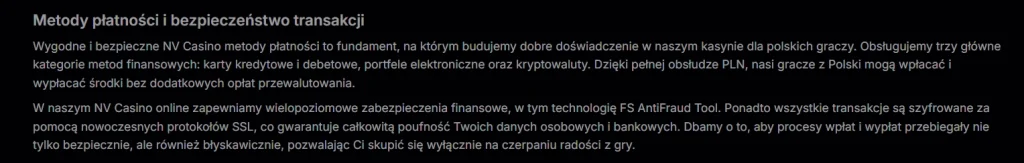 Sekcja płatności NV Casino z metodami dostępnymi dla konta